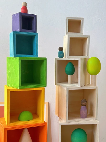 Ahşap Yığın Jenga Gökkuşağı Kutusu - Ağaç Kutusu Boyasız - 3