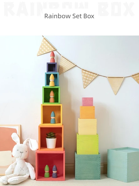 Ahşap Yığın Jenga Gökkuşağı Kutusu - Ağaç Kutusu Boyasız - 2