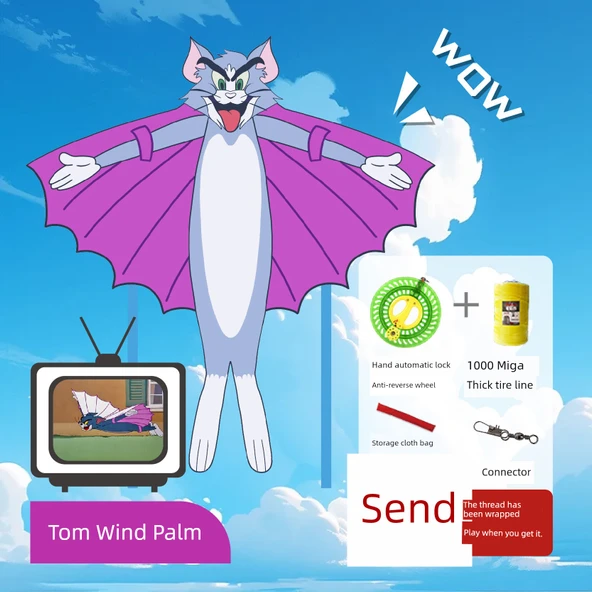 Konuşan Tom Kedi Uçurtması - Tom + El Otomatik Kilit Hırsızlık Önleyici Koşucu 1000 Metre İp