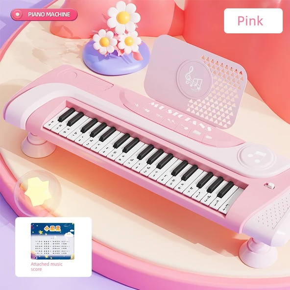 Çocuk Elektronik Klavye Piyano - 22 Tuş - Şeftali Rengi - Müzik Notası ve Müzik Standı - Model 2