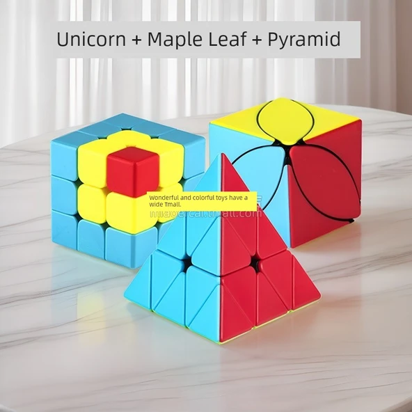Eğlenceli Şekil Rubik Küp Bulmaca Oyuncağı - Tekboynuz + Akçaağaç Yaprağı + Piramit
