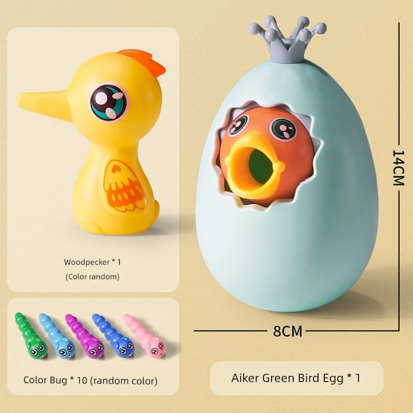 Ağaçkakan Bebek Besleme Oyunu - Aibut Yeşil Yumurta + Ağaçkakan + 10 Sevimli Solucan (Manyetik Besleme)