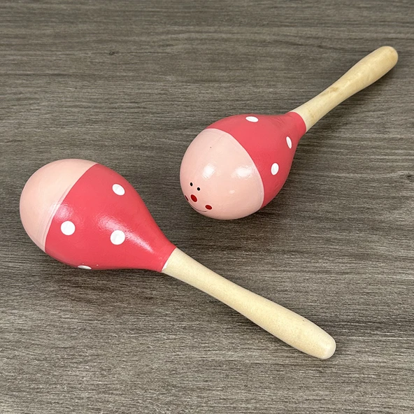 Ahşap Orff Müzik Aleti Ritm Kum Tokmağı - Büyük Ahşap 2 Parça Pembe Yüz
