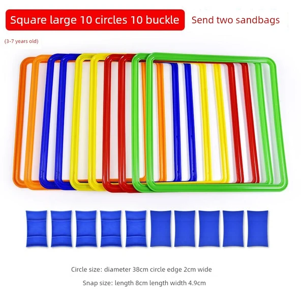 Çocuklar için Sek Sek Yüzük Seti - Kare Büyük 38cm, 10 Yüzük, 10 Buton, 2 Kum Torbası