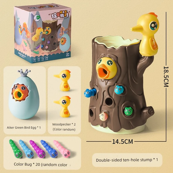 Ağaçkakan Bebek Besleme Oyunu - Büyük Direk + Yeşil Yumurta + 2 Ağaçkakan Çifti + 20 Sevimli Solucan Geliştirilmiş