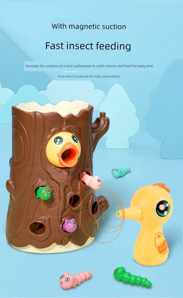 Ağaçkakan Bebek Besleme Oyunu - Büyük Direk + Yeşil Yumurta + 2 Ağaçkakan Çifti + 30 Sevimli Solucan Lüks Etkileşimli Versiyon - Resim 11