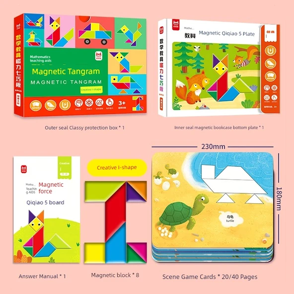 Çocuklar için Manyetik Tangram Bulmacası - Matematik Öğretici Yardımcı - Yaratıcı I Şekilli Tek Kutu