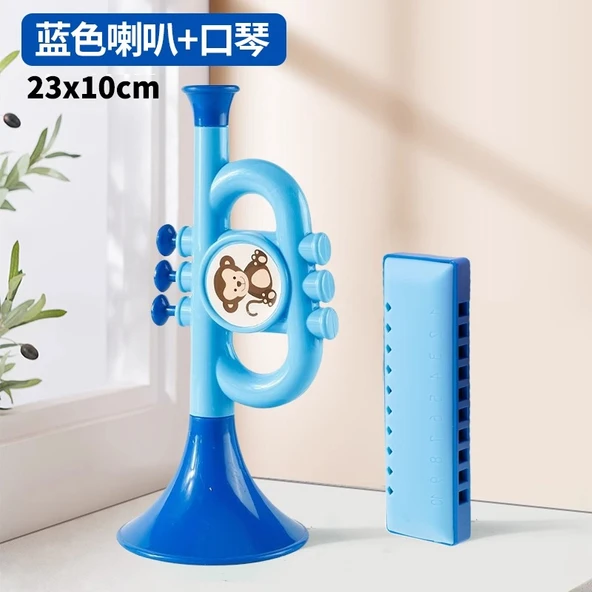 Müzik Oyuncağı Mini Düdük Dikey Flüt Başlangıç Müzik Aleti - Erken Eğitim İki Parça Set Mavi Büyük Horn + 10 Delik Bruce Harmonik