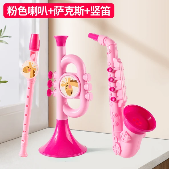 Müzik Oyuncağı Mini Düdük Dikey Flüt Başlangıç Müzik Aleti - Erken Eğitim Üç Parça Set Pembe Büyük Horn + Saksafon + Klarnet