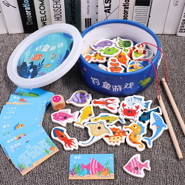 Ahşap Magnetik Balık Avlama Oyuncak Seti - 31 Balık + 2 Olta + Zar + 31 Kart [Fıçı]