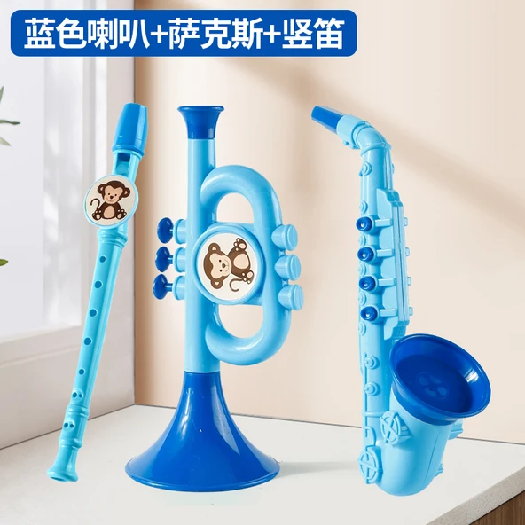 Müzik Oyuncağı Mini Düdük Dikey Flüt Başlangıç Müzik Aleti - Erken Eğitim Üç Parça Set Mavi Büyük Horn + Saksafon + Klarnet
