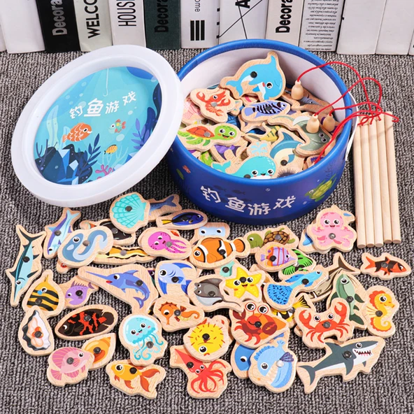 Ahşap Magnetik Balık Avlama Oyuncak Seti - 82 Balık + 5 Olta [Fıçı]