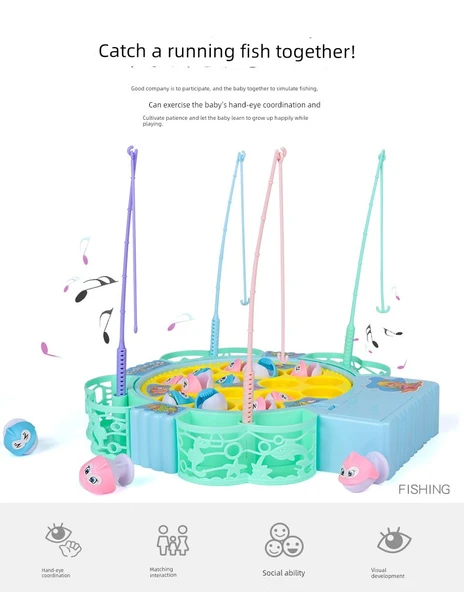 Çocuk Elektrikli Mıknatıslı Balık Avlama Oyunu - Koyu Gri - Pil Versiyonu - 45 Balık - Müzik - Pembe - 8