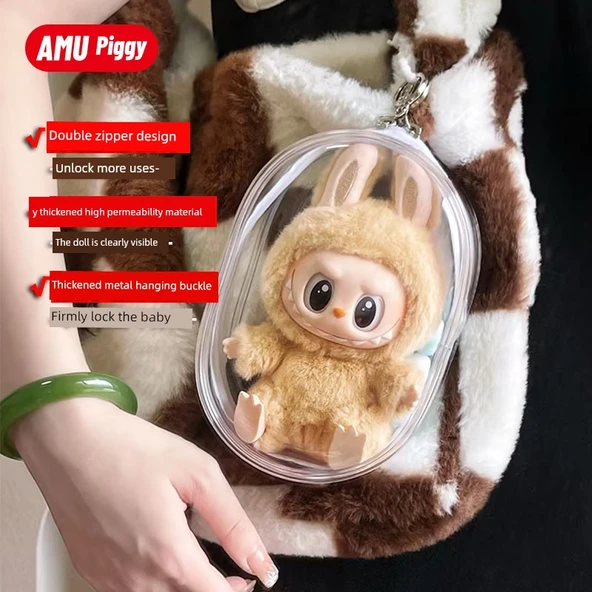 Şeffaf Bebek Çantası - 10cm Kapsül Bebek Çantası - Mango Sarısı - Kürk Topu/ Kalın Anahtarlık Dahil - 8