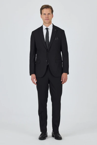 Siyah Mono Yaka Astarlı Çift Yırtmaç Esnek 6 Drop Comfort Fit Classic Takım Elbise 1001250163 - 2
