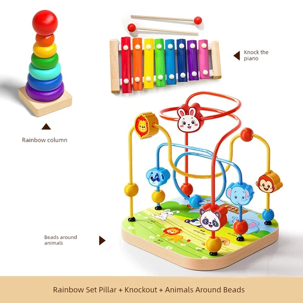 Montessori Boncuk Dizme Oyuncağı - 3 Sıra Zeka Hayvanları, Gökkuşağı Kulesi, Piyano