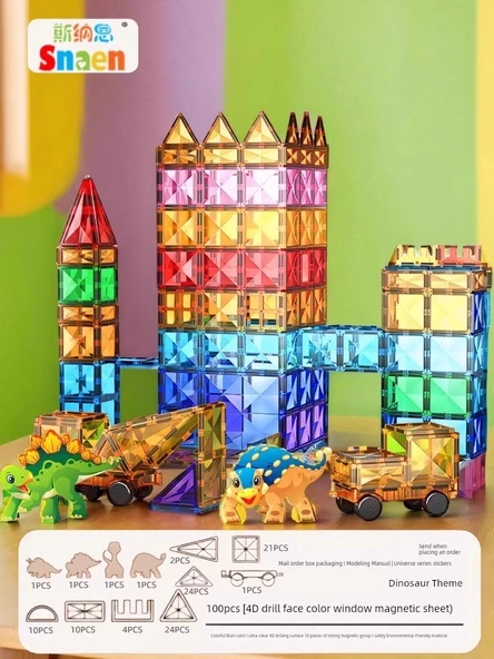 Manyetik Yapı Blokları Seti - Güçlü Manyetik 100 Dinozor Teması - 4D Delik Yüzeyi Renk Penceresi