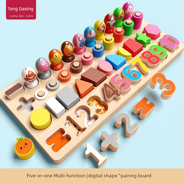 Montessori Ahşap Eğitici Bulmaca Oyuncakları - Beşin Bir Arada [Sayı + Şekil + Balık Avı + Yüzük + Toplama ve Çıkarma] Çok Fonksiyonlu Eşleştirme Bulmacası