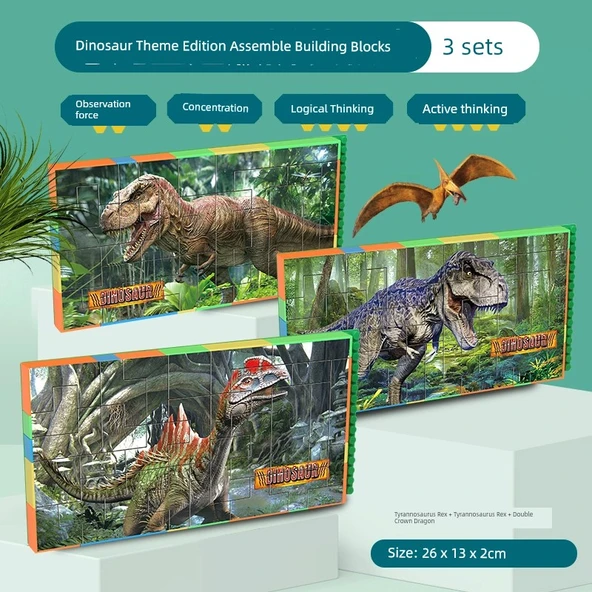 Dinozor Temalı Yapı Blokları - Tyrannosaurus Rex, Carnotaurus, Dilophosaurus 3 Set ve 3 Taban Plakası