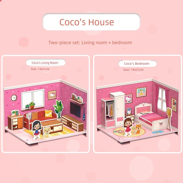 3D DIY Kulübe Evi Yapı Modeli Bulmaca Oyuncak - Büyük İki Coco'nun Evi Oturma Odası Yatak Odası