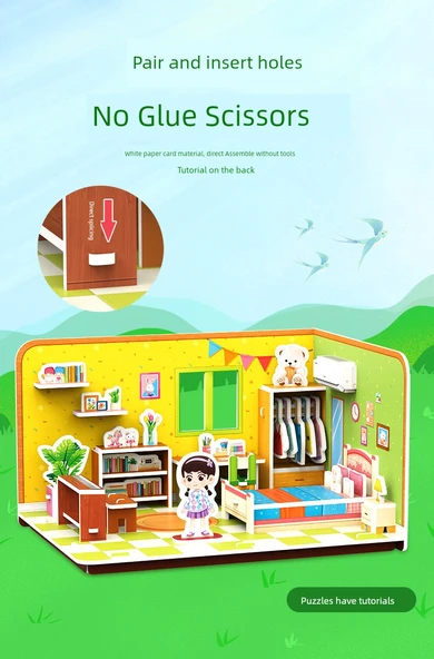 3D DIY Kulübe Evi Yapı Modeli Bulmaca Oyuncak - Büyük İki Coco'nun Evi Oturma Odası Yatak Odası - 10