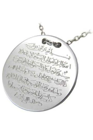 925 Ayar Gümüş Ayetel Kürsi Kolye El İşçiliği Yuvarlak Arapça Yazılı Kolye