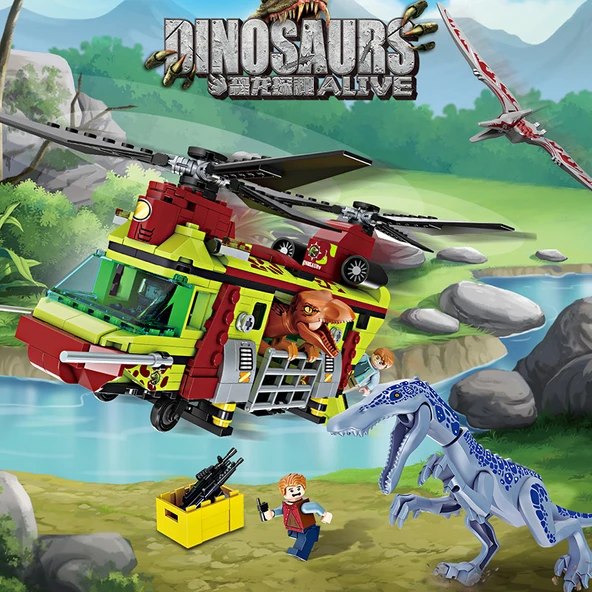 Dinozor Jurassic Park Yapı Blokları - Kurtarma Ağırlık Pençesi Ejderha - 585 Parça - 3 Dinozor 3 İnsan