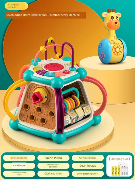 Erken Eğitim Bebek Oyuncakları - 6+ Ay - Yedi Kenarlı Davul/Ağaçkakan Şarjlı + Geyik Tumbler