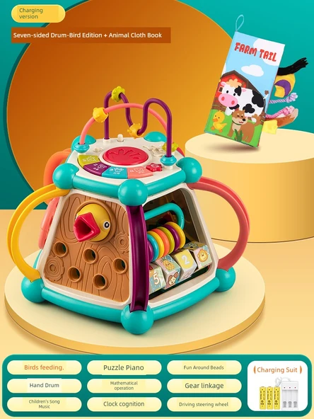 Erken Eğitim Bebek Oyuncakları - 6+ Ay - Yedi Kenarlı Davul/Ağaçkakan Şarjlı + Hayvan Kumaş Kitabı