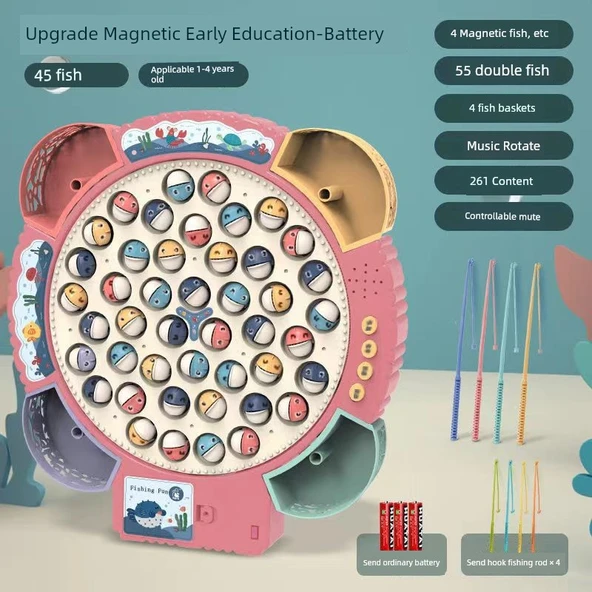 Elektrikli Manyetik Balık Avlama Oyuncak Seti - Pembe - Manyetik Asma Pilli - 55 Balık + 8 Olta + Müzik Hikayesi