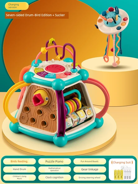 Erken Eğitim Bebek Oyuncakları - 6+ Ay - Yedi Kenarlı Davul/Ağaçkakan Şarjlı + Emme Müzik