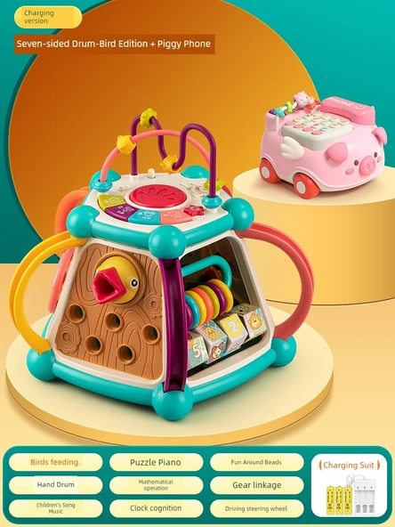 Erken Eğitim Bebek Oyuncakları - 6+ Ay - Yedi Kenarlı Davul/Ağaçkakan Şarjlı + Domuz Telefonu