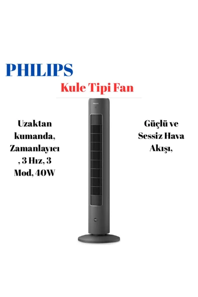 Philips 40watt Uzaktan Kumandalı, 3 Hız Kademeli Kule Tipi Vantilatör