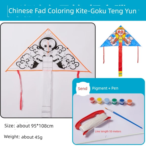 DIY Boyama Uçurtması - Çin Tarzı Boyama Uçurtması - Wukong Tengyun (50 m İp + 6 Renk Pigment + 1 Kalem)