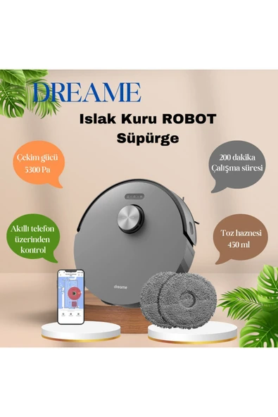 Dreame Güçlü emiş Dikkat çekici temizlik Uyumlu Pro Robot Süpürge Siyah