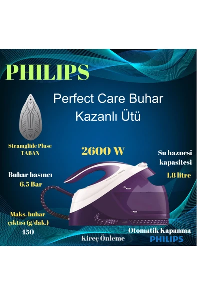 Philips 2600W 450 grama kadar şok Buhar ,Perfectcare Buhar Kazanlı Ütü