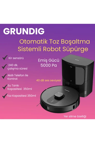 Grundig Otomatik Toz Boşaltma Sistemli Robot Süpürge Siyah