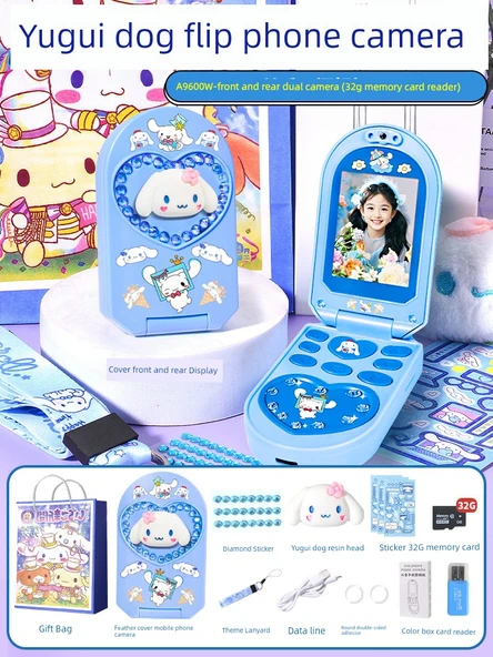 Cinnamoroll Kamera Telefon Oyuncağı - Yugui Köpek - Çift Kamera +32G Hafıza Kartı