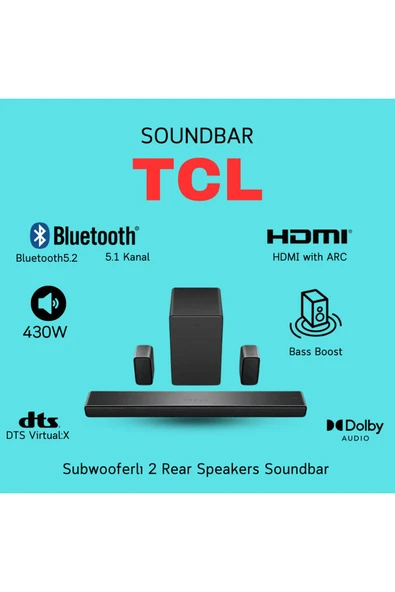 TCL Dolby Audio, Kablosuz Subwoofer ve Çevresel Uydu Hoparlörler ile 5.1 Kanallı Soundbar