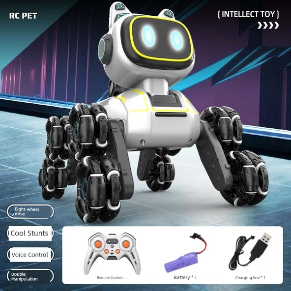 Uzaktan Kumandalı Robot Köpek Oyuncağı - Tek Elektrikli Tek Kumanda Ses Kontrolü - Beyaz