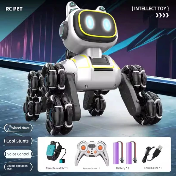 Uzaktan Kumandalı Robot Köpek Oyuncağı - Çift Elektrikli Çift Kumanda Ses Kontrolü - Beyaz