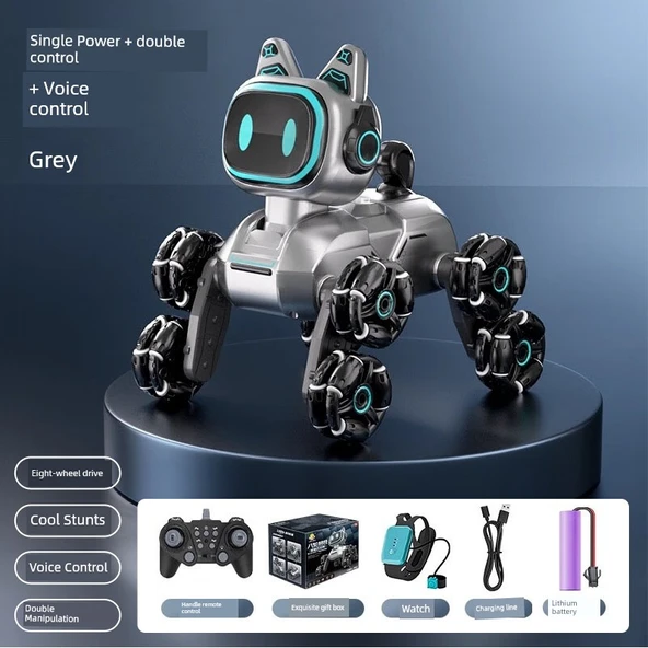 Uzaktan Kumandalı Robot Köpek Oyuncağı - Tek Elektrikli Çift Kumanda Ses Kontrolü - Gümüş Gri
