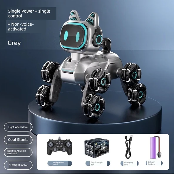Uzaktan Kumandalı Robot Köpek Oyuncağı - Tek Elektrikli Tek Kumanda Ses Kontrolsüz - Gümüş Gri