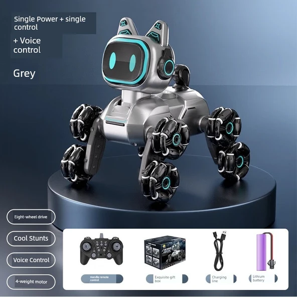Uzaktan Kumandalı Robot Köpek Oyuncağı - Tek Elektrikli Tek Kumanda Ses Kontrolü - Gümüş Gri