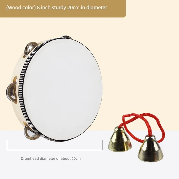 Çocuklar için Tamburin - Ahşap Renk - 20 cm (8 inç) Küçük Zil ile