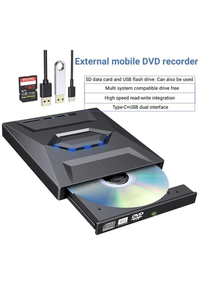 Coverzone 5in1 Harici Usb 3.0 Ve Type-c Dvd Rom Dvd Rw Optik Sürücü, Usb Ve Type C Kablolu Cv250 - 2