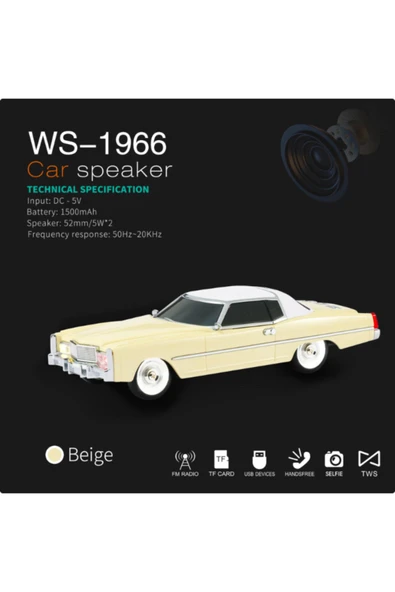 Coverzone Kablosuz Hoparlör Bluetooth 1966 Cadillac Görünümlü Bluetooth Klasik Araba Hoparlör WS-1966 - 2