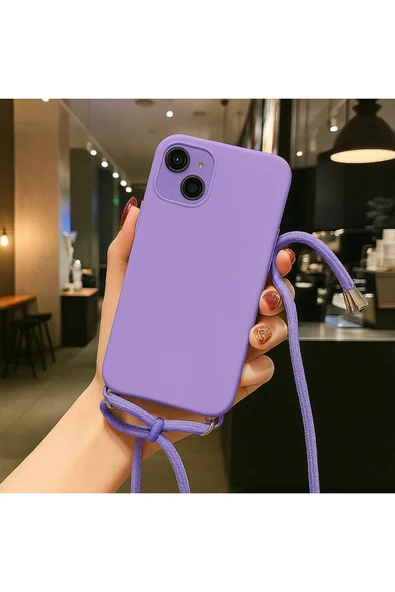 Coverzone iPhone 13 ile uyumlu İpli Boyun Askılı Silikon Kılıf Kadife iç Yüzeyli Epiphany Kılıf Lila ürün görseli