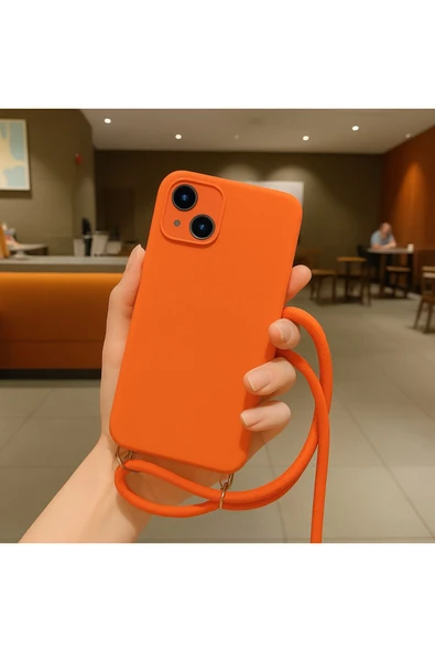 Coverzone iPhone 12 ile uyumlu İpli Boyun Askılı Silikon Kılıf Kadife iç Yüzeyli Epiphany Kılıf Turuncu ürün görseli
