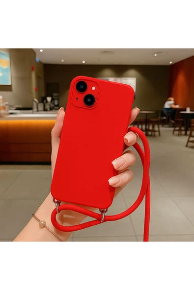 Coverzone iPhone 13 ile uyumlu İpli Boyun Askılı Silikon Kılıf Kadife iç Yüzeyli Epiphany Kılıf Kırmızı ürün görseli